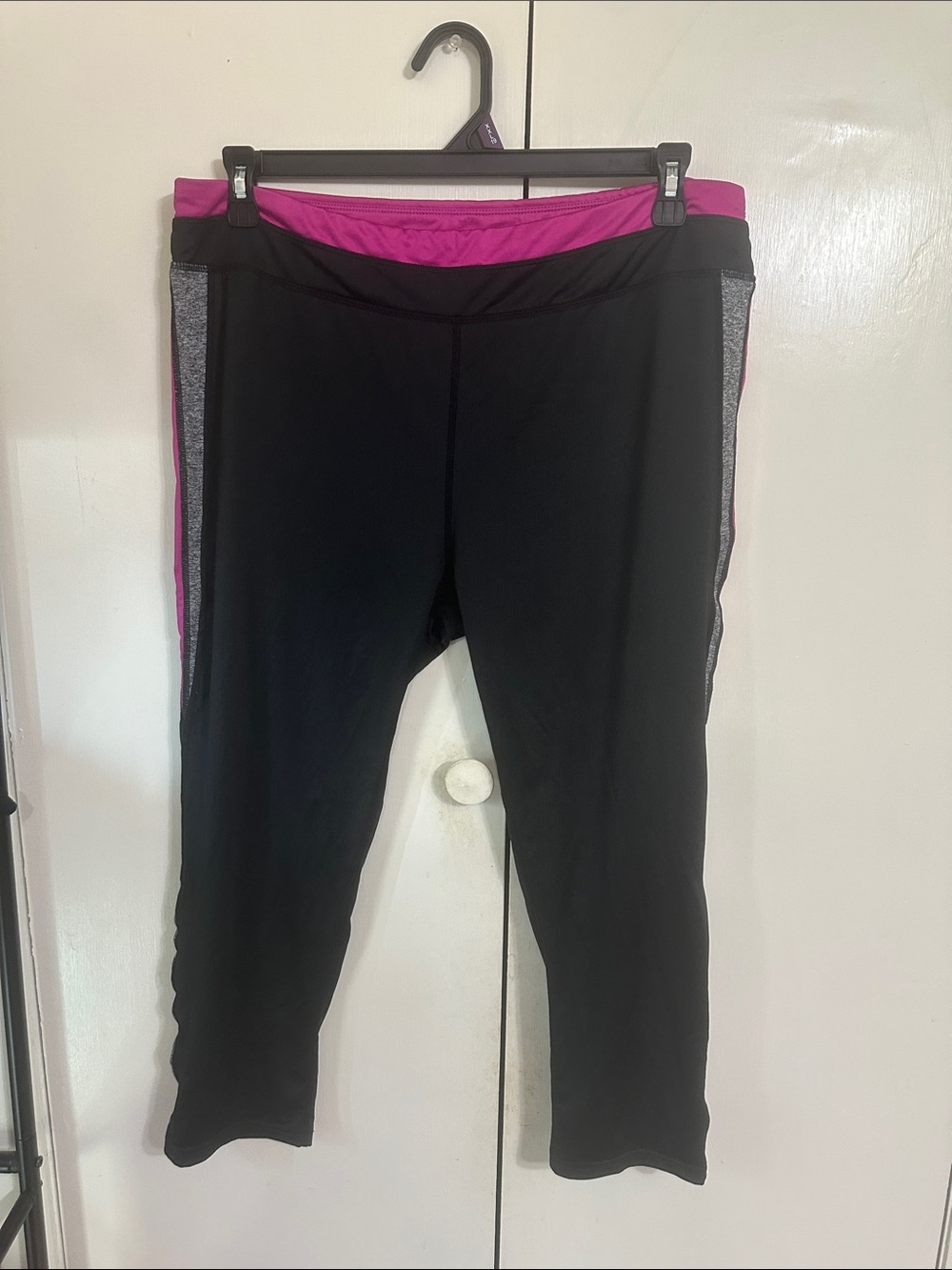 Zone Pro Black Capri Leggings with Pink Foldover Waistband and Gray Side Panels